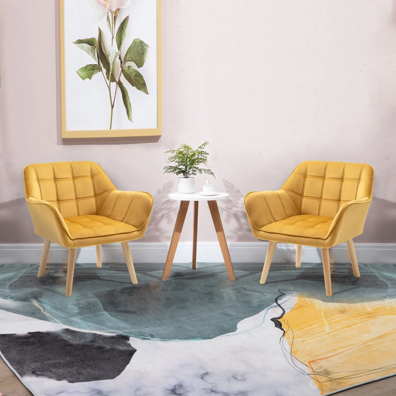 HOMCOM Accent Chair, Velvet Upholstered Vanity Tub Chair with Flared Armrests, Slanted Back, Solid Wood Legs, Comfy Padding Armchair, Home Bedroom Furniture Seating, Yellow