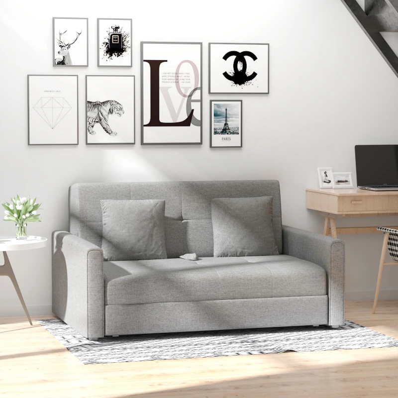HOMCOM Sofá Cama de 2 Lugares Estofado em Algodão com 2 Almofadas Apoio para os Braços e Armazenamento Sofá Duplo Moderno para Sala de Estar Escritório 152x101x81cm Cinza