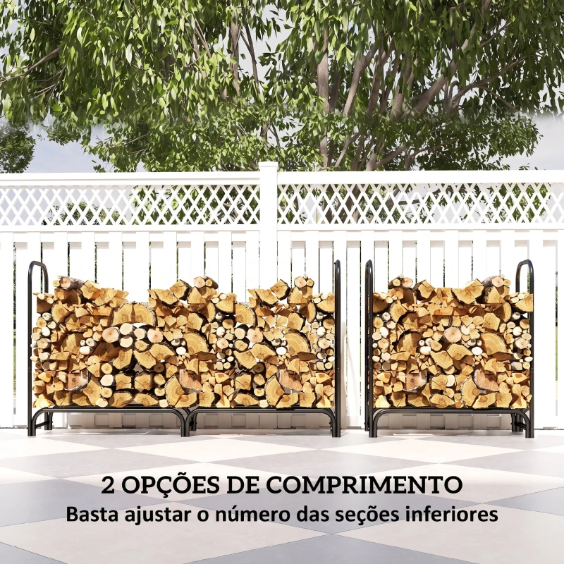 Outsunny Suporte para Lenha em Metal com Capa Oxford 600D Ajustável Carga 200 kg Interior/Exterior 180x36x99 cm Preto