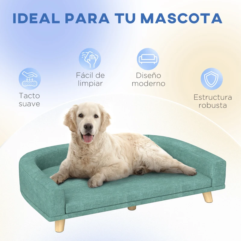 PawHut Sofá para Perros Grandes Cama Elevada para Perros con Cojín Lavable y Patas de Madera Carga 30 kg 98x67x25 cm Verde