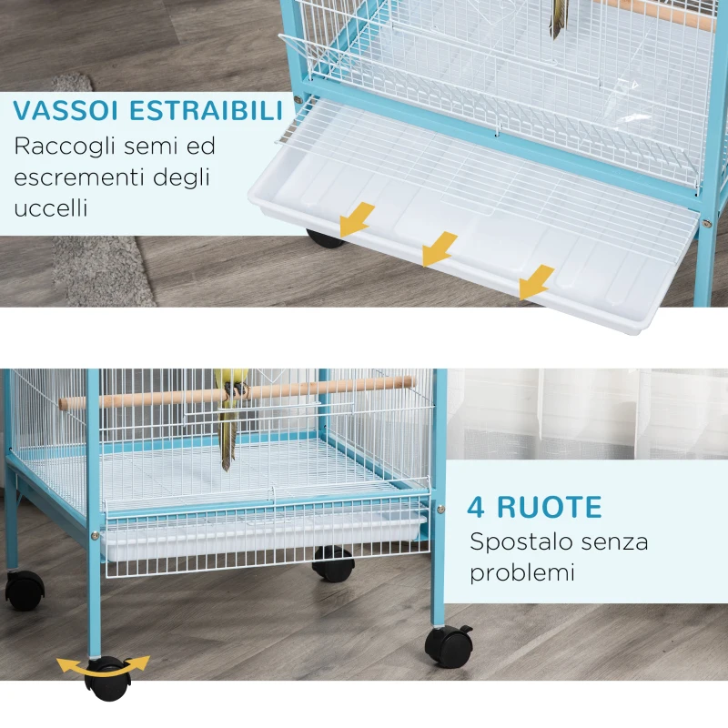 PawHut Gabbia per Uccelli 2 in 1 Voliera da Interni con 4 Ruote e Vassoi Estraibili, 51.5x50x140cm