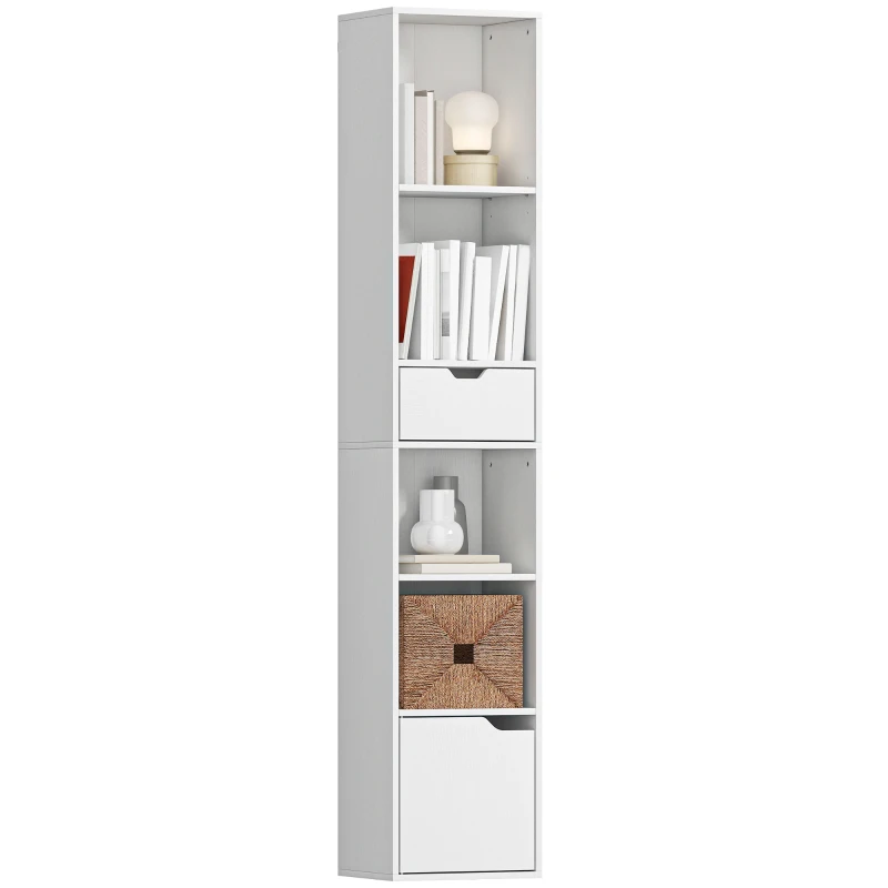 HOMCOM 6-Tier Bookcase, Tall Narrow Bookshelf with Drawer and Door - White