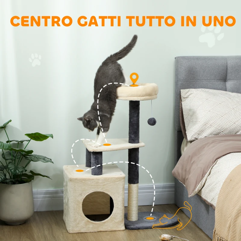 PawHut Albero Tiragraffi per Gatti Alto 92 cm con Casetta, Lettino, Pali in Sisal e Pallina, Bianco Crema