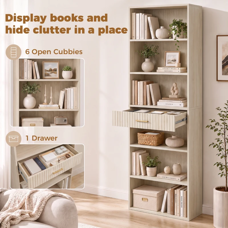 HOMCOM Bookcase Narrow Tall Space-Saving Bookshelf Drawer Open Shelves 60 x 24 x 182 cm Oak Wood Effect