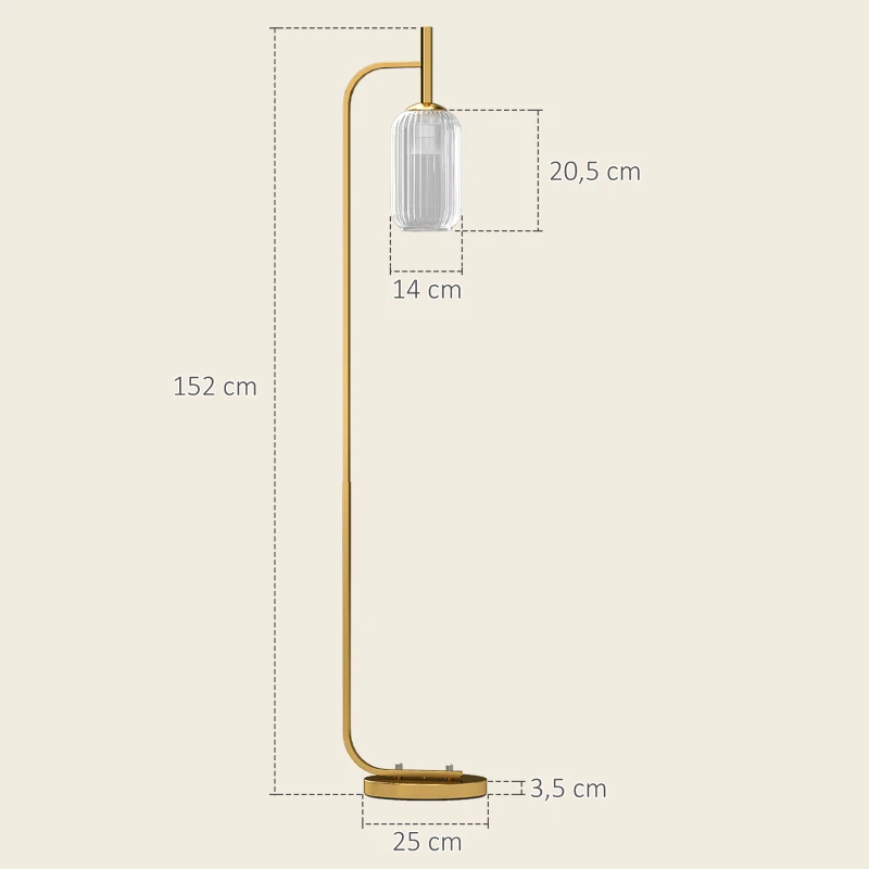 HOMCOM Lampadaire sur pied salon lampe sur pied avec abat-jour en verre texturé interrupteur à pied 29 x 25 x 152 cm métal or