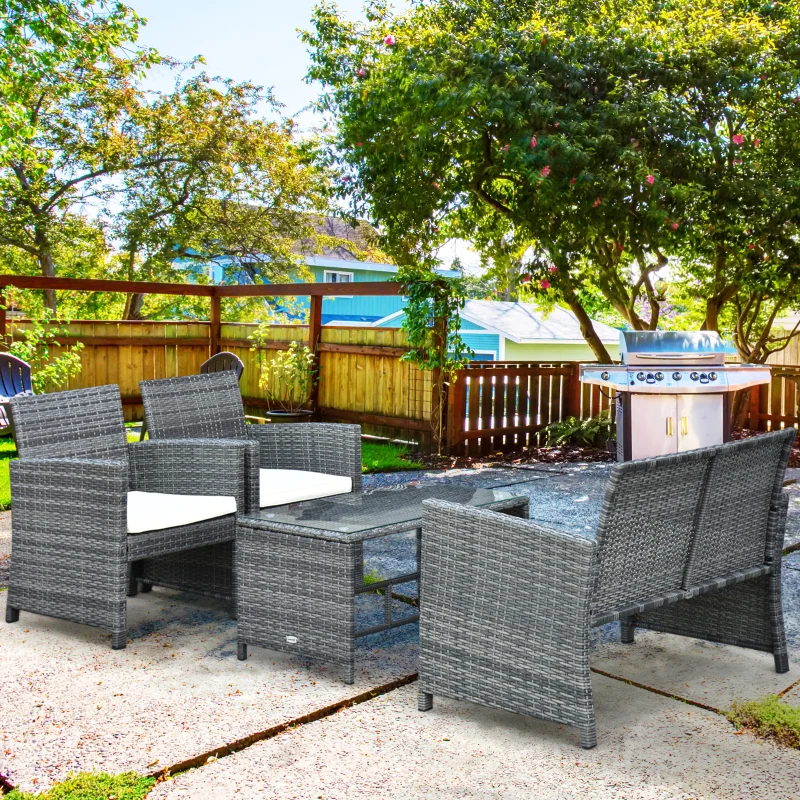 Outsunny Conjunto Móveis de Jardim de Vime Conjunto de 4 Peças Incluindo 1 Sofá de 2 Lugares 2 Poltronas e 1 Mesa de Centro Cinza