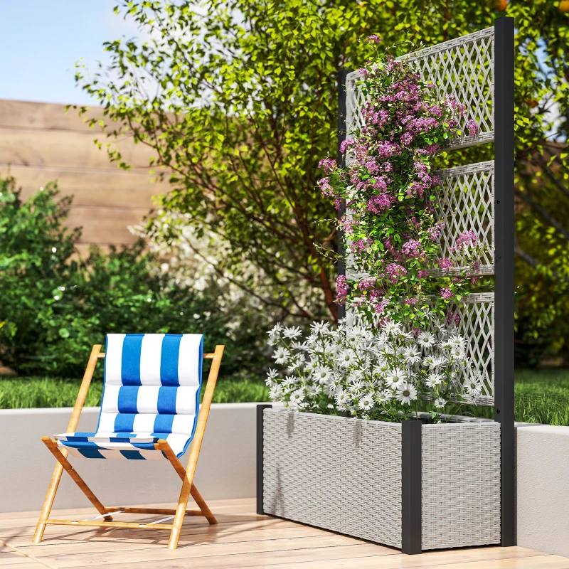Outsunny Hoogbed met klimrek in rattanlook plantenbak bloembak met rankhulp 90 x 35 x 148 cm Grijs