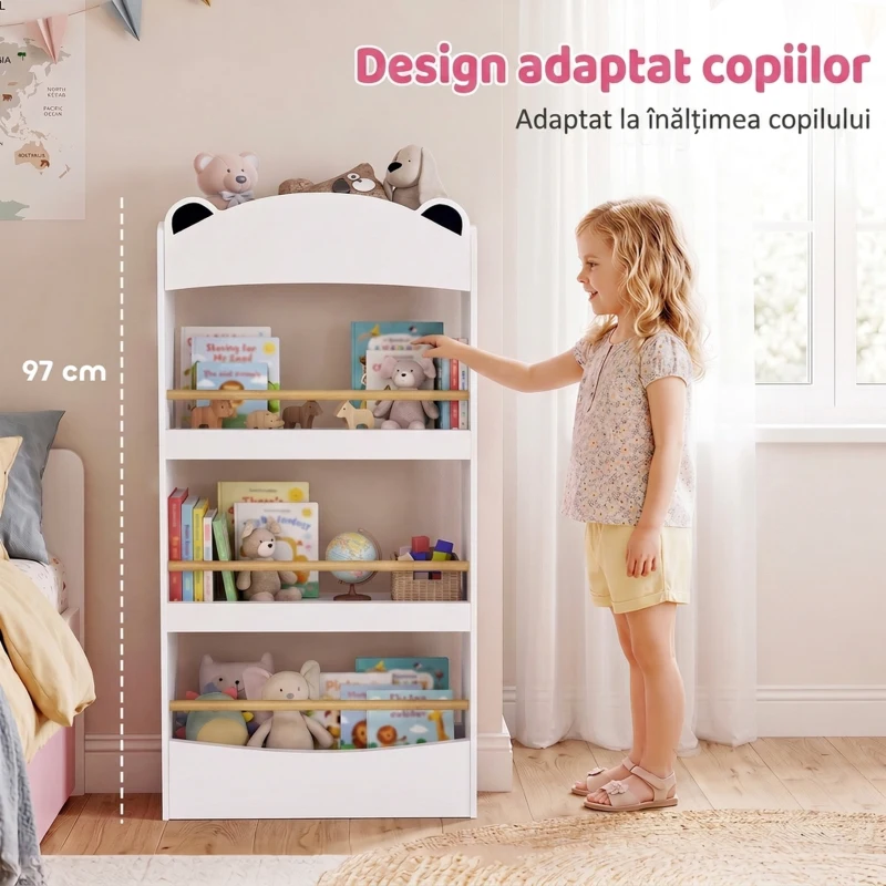 AIYAPLAY Bibliotecă Montessori pentru Copii 3-8 Ani, Ursuleț, cu 4 Polițe din Lemn, 50x15x97 cm, Alb