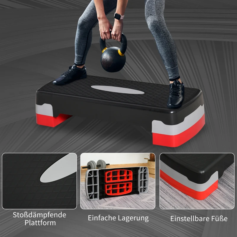 HOMCOM Aerobic-Stepper 2-stufig höhenverstellbar 68 x 28 x 15 cm Schwarz+Grau+Rot
