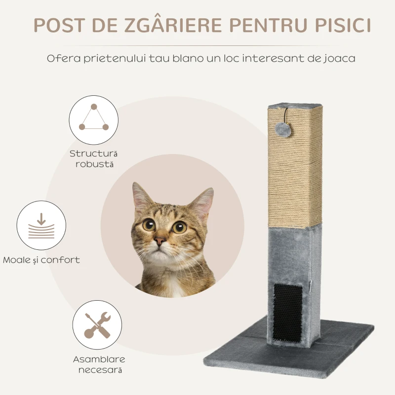 PawHut Arbore pentru Zgariat Pisici cu 2 Mingi Jucarie si Perie, din Lemn, Iuta si Plus, 59.5x39x79 cm, Gri