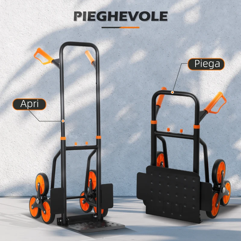 DURHAND Carrello Portapacchi per Scale 6 Ruote, Pieghevole, Portata 120kg, in Acciaio, per Trasloco, Giardinaggio, Arancione