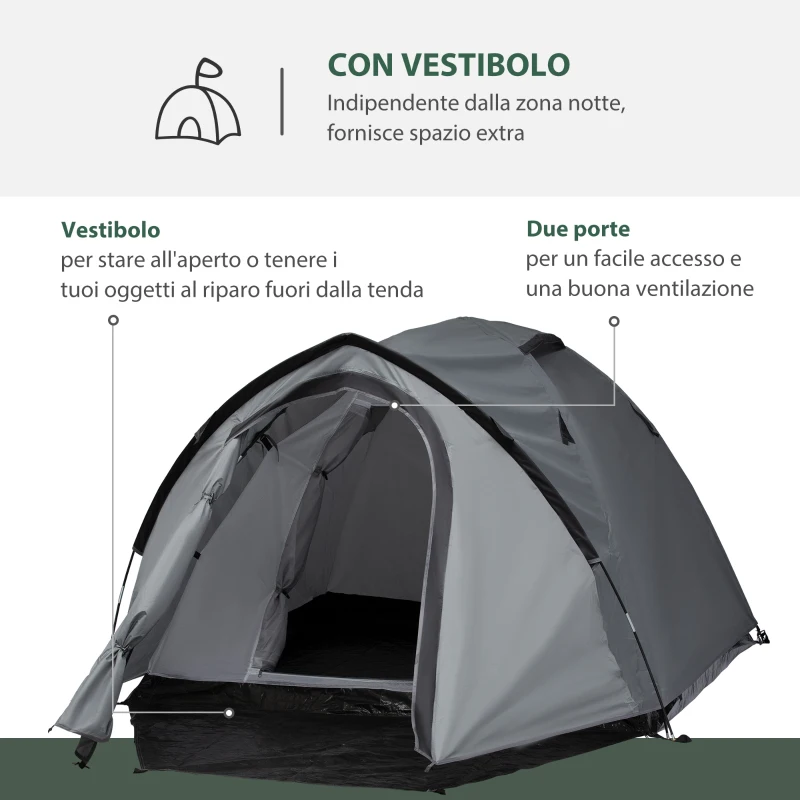 Outsunny Tenda da Campeggio 2 Posti con Vestibolo, Finestre Traforate e Porte con Cerniera, 325x183x130 cm, Grigio