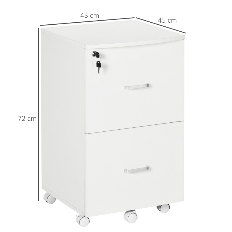 Vinsetto Armadietto da Ufficio con 2 Cassetti e 5 Ruote, Schedario in MDF e Truciolato, 43x45x72 cm, Bianco