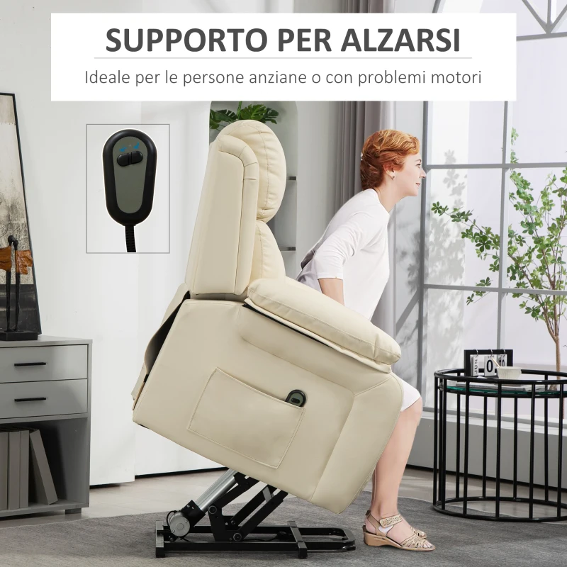 HOMCOM Poltrona Alzapersona Reclinabile a 160° con Poggiapiedi e Telecomando, in Pelle PU e Acciaio, 76x90x105 cm, Crema