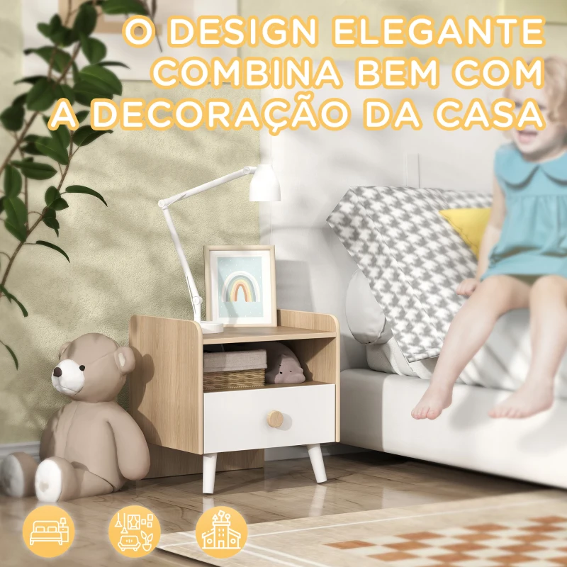 AIYAPLAY Mesa de Cabeceira Infantil de Madeira Mesa de Cabeceira para Crianças com Gaveta Bordas Redondas 40x32,5x40 cm Branco e Madeira