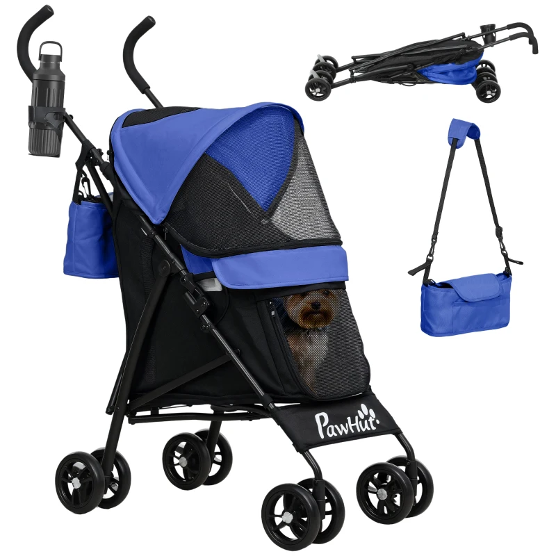 PawHut Huisdierwagen met Veiligheidsriemen en Netvensters, 76L x 44B x 103H cm - Donkerblauw