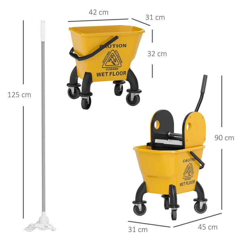 HOMCOM Balde de Esfregona com Rodas Espremedor Desmontável de Pressão para Baixo Capacidade 26 L Inclui Esfregona e Asa 45x31x90 cm  Amarelo