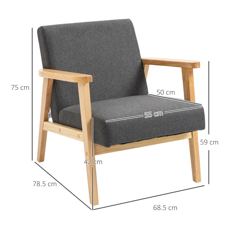 HOMCOM Set of 2 Accent Armchair, Living Room Chair, Wooden Upholstered Single Lounge Chair with Rubber Wood Legs and Padded Seat, Leisure Sofa Chair for Bedroom Office, Dark Grey