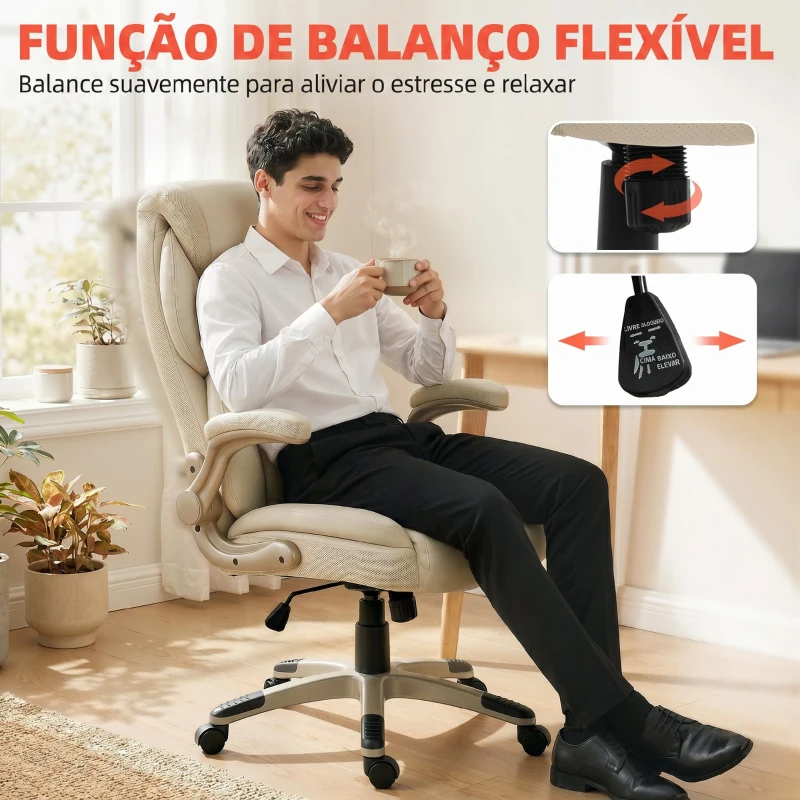 HOMCOM Cadeira de Escritório com Massagem Vibratória de 4 Pontos Aquecimento Lombar Apoios de Braços Rebatíveis Encosto Alto Altura Ajustável Creme