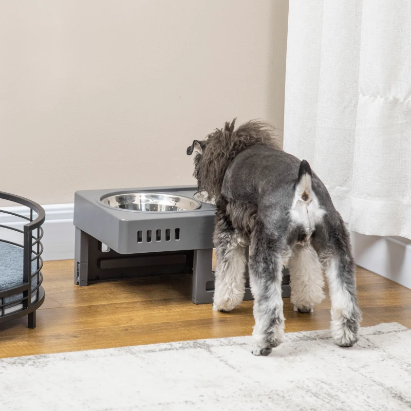 PawHut Comedouro Elevado para Cães com 2 Tigelas Desmontáveis de 1200ml e Altura Ajustável de 3 Níveis Comedouro para Animais de Estimação com Tigelas de Aço Inoxidável 44x27,7x28cm Cinza