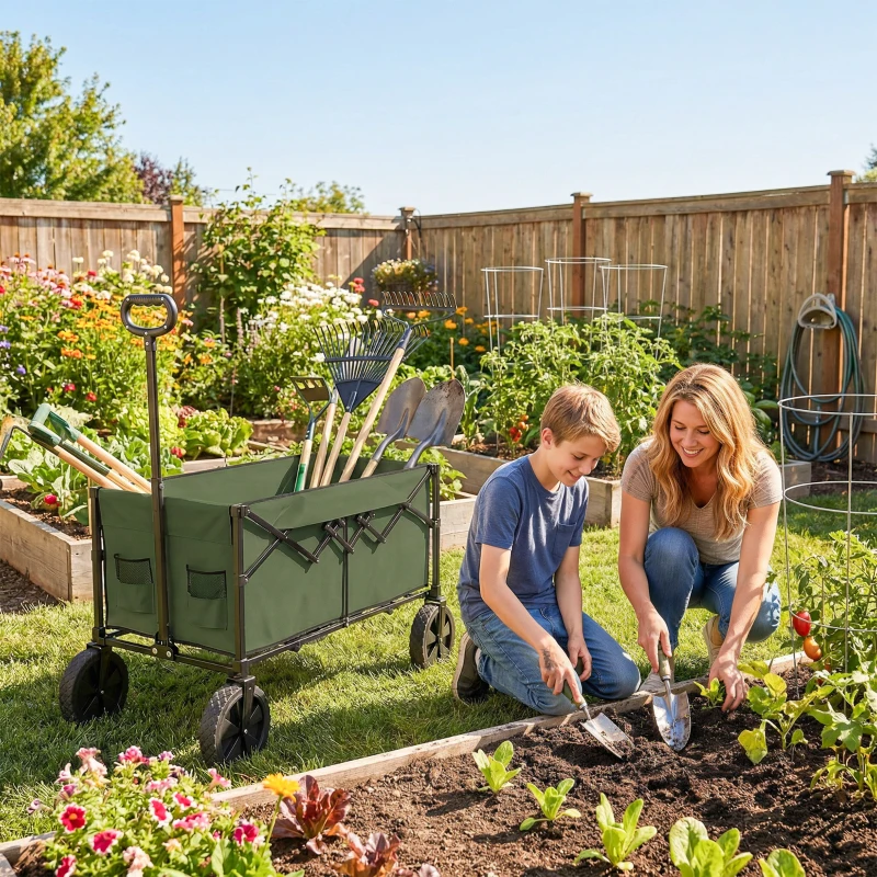 Outsunny 95L Foldable Festival Trolley on Wheels, Collapsible Wagon Cart with Adjustable Handle and 2 Cup Holders, Dark Green