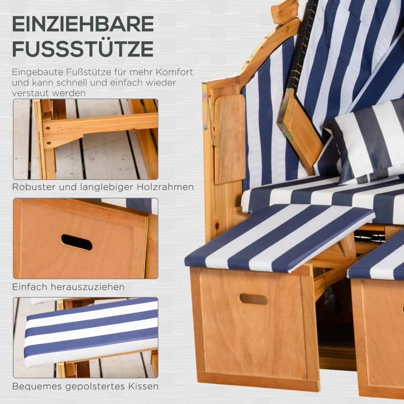 Outsunny strandstoel met dak rotan look klaptafel blauw 118 x 79 x 150 cm(m-7)