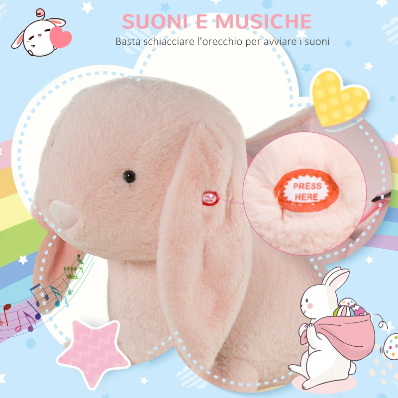 HOMCOM Cavallo a Dondolo a Forma di Coniglio con Suoni, Cavalluccio a Dondolo per Bambini 18-36 Mesi Interattivo, Rosa, 60x33x50cm