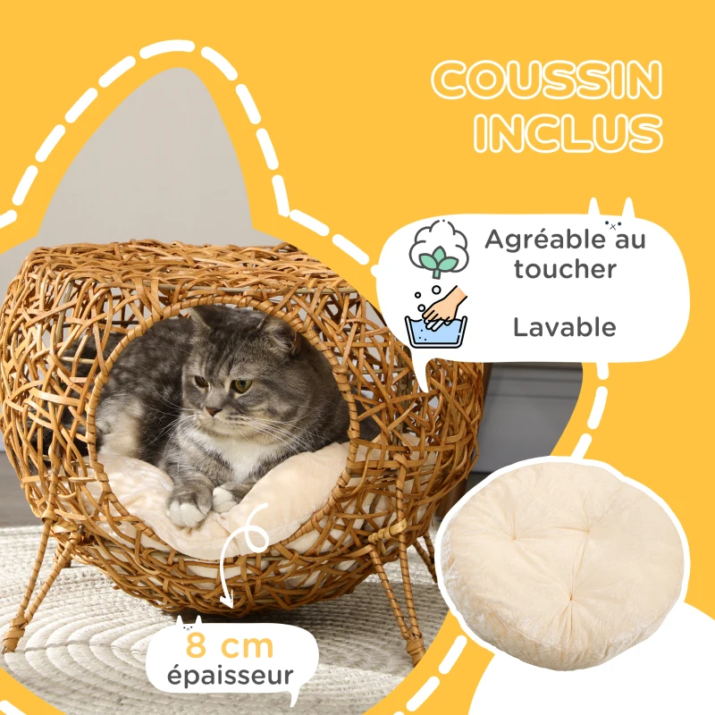 PawHut Niche pour chat lit pour chat panier chat maison de chat en rotin coussin épais Ø 40 x 32 cm marron clair