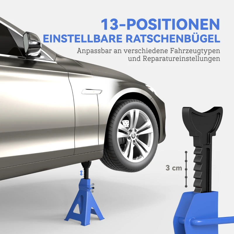 HOMCOM Unterstellbock 3 Tonnen Traglast 2 Stück Stützbock 13 stufig Höhenverstellbar 385 mm bis 600 mm Blau