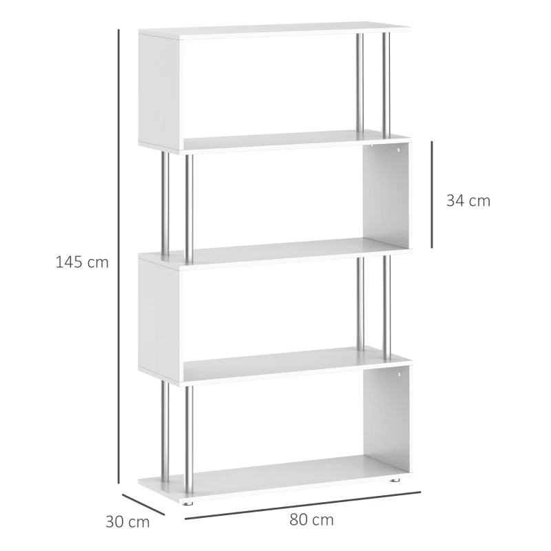 HOMCOM S Shape Bookcase, 5 Tiers Bookshelf, Modern Freestanding Storage Shelf for Home Office, Study, Living Room, 80 x 30 x 145cm, White