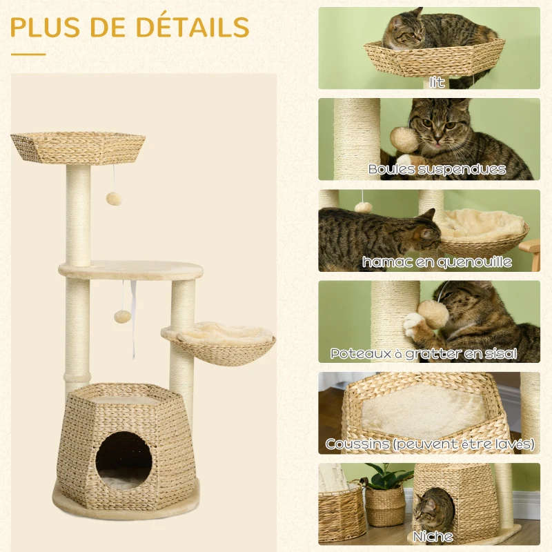 PawHut Arbre à chat arbre à grimper griffoir pour chat hauteur 119 cm colonnes renforcées avec niche hamac 2 balles suspendues