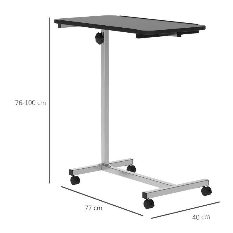 HOMCOM Mesa Auxiliar com Rodas Mesa para Sofá ou Cama com Altura Ajustável e Estrutura de Metal 77x40x76-100 cm Preto e Prata
