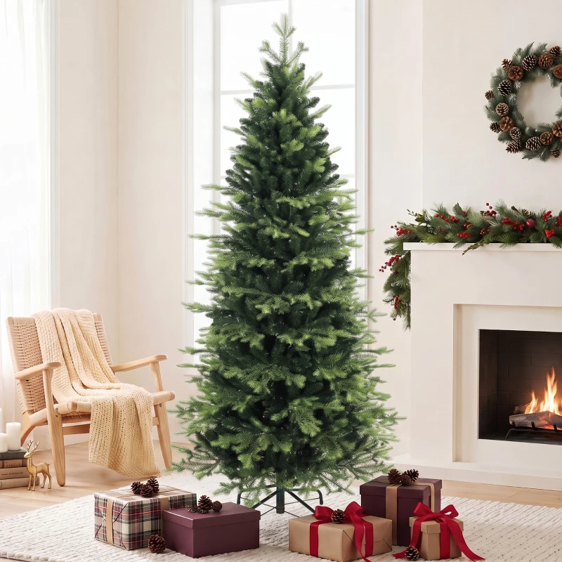 HOMCOM Geneva Fir Hinged Xmas Tree, 7ft/210cm Artificial Christmas Tree with 2079 Branch Tips, Foldable Steel Stand, Green