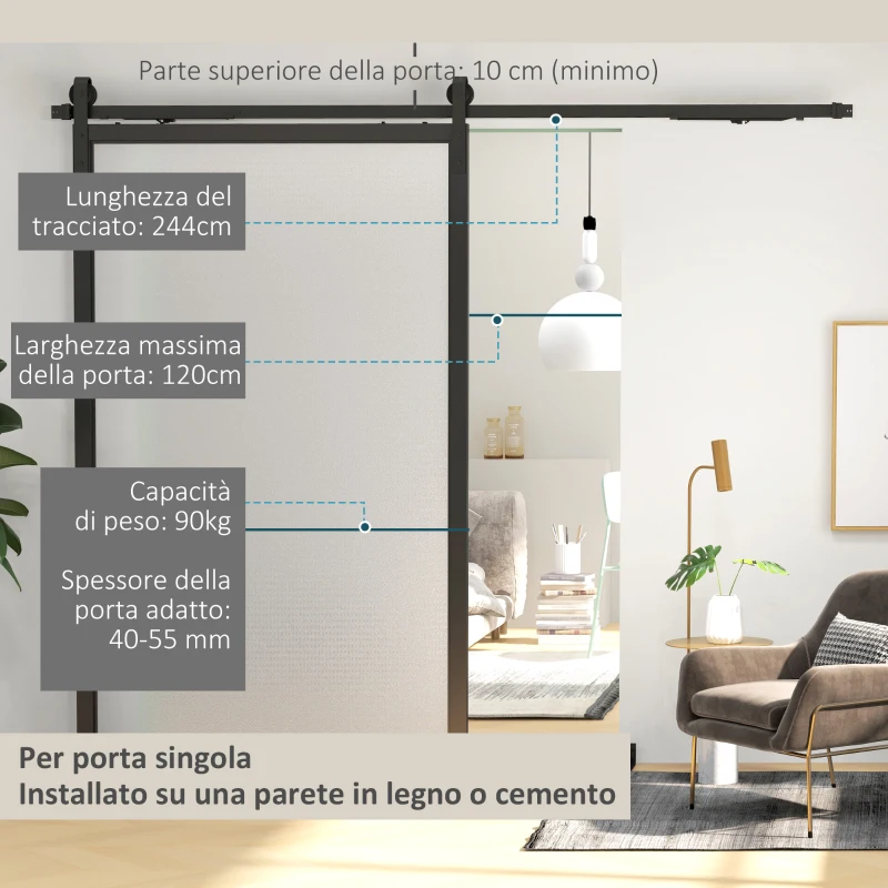 HOMCOM Kit Porta Scorrevole 90kg max Salvaspazio in Acciaio al Carbonio con Accessori 244x0.5x4 cm, Nero