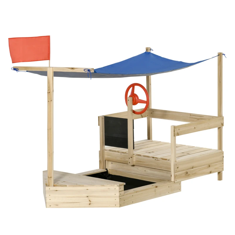 Outsunny Caixa de Areia Infantil de Madeira Desenho de Barco a Vela Toldo Quadro Negro bandeira Vermelha e Volante Caixa de Areia de Jardim para Crianças acima de 3 Anos 180x91,5x144cm Natural