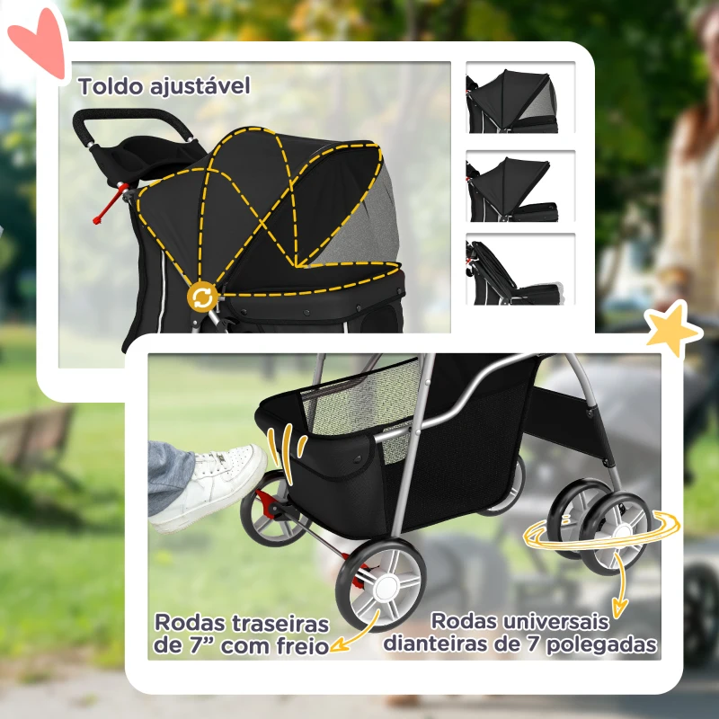 PawHut Carrinho Dobrável para Cães Pequenos com Cesta de Armazenamento Suportes para Copos Rodas e Almofada Lavável 77x44x102 cm Preto