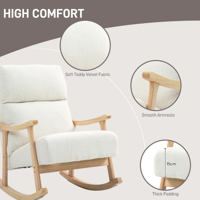 HOMCOM Upholstered Rocking Chair, Teddy Fleece Fabric, High Back, Armrests, Rubberwood Legs, Cream White