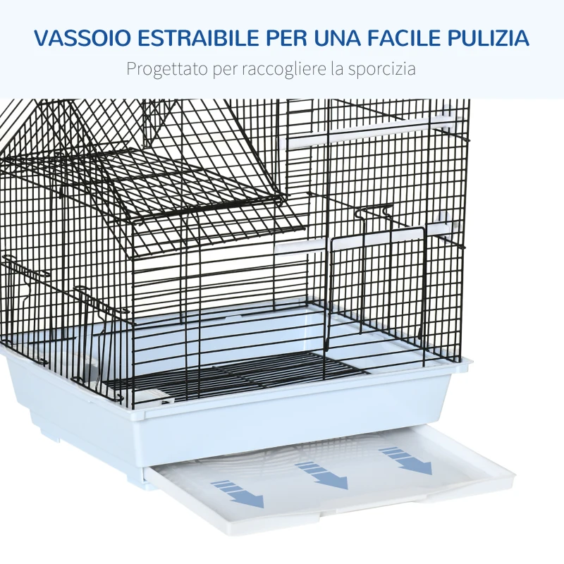 PawHut Gabbia per Uccelli in Metallo con Maniglia, Vassoio Estraibile, Pioli e Altalena, 39x33x47cm, Bianco