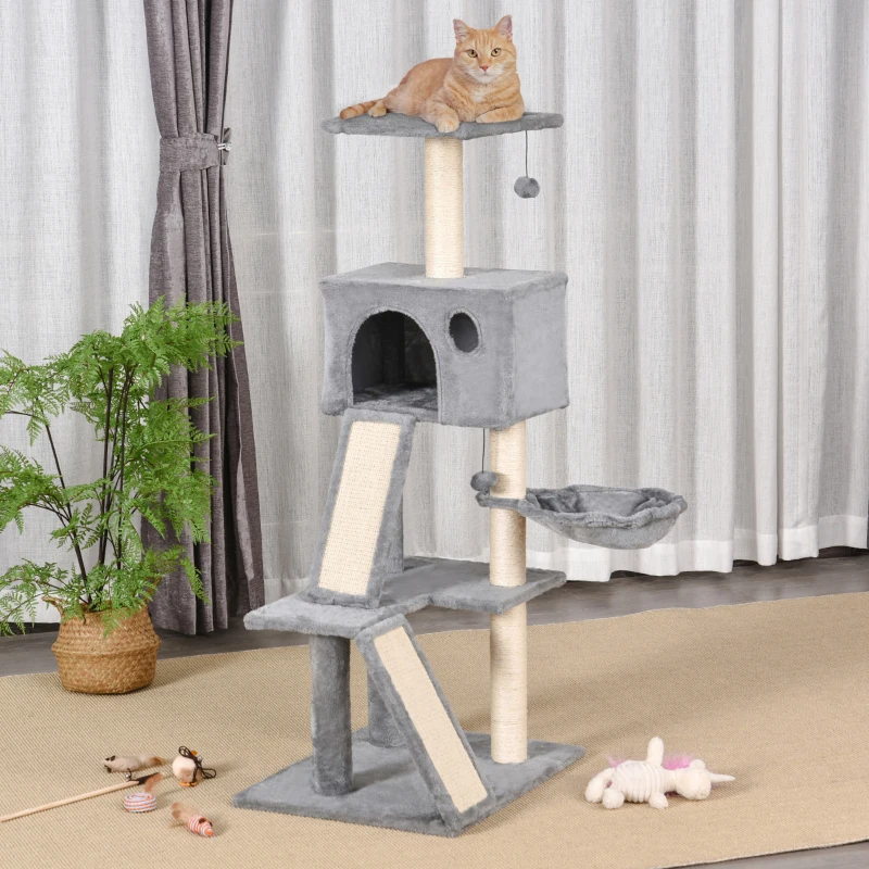 PawHut Albero Tiragraffi con Cuccia in Peluche Grigio e Corda Sisal 60x49x130cm
