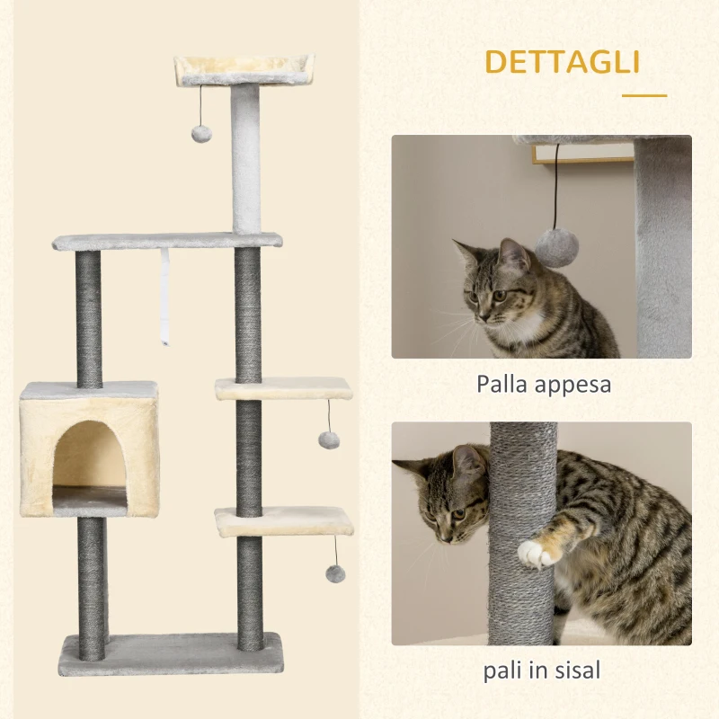 PawHut Tiragraffi per Gatti Alto 156cm con Lettino, Casetta e Pali Tiragraffi in Sisal