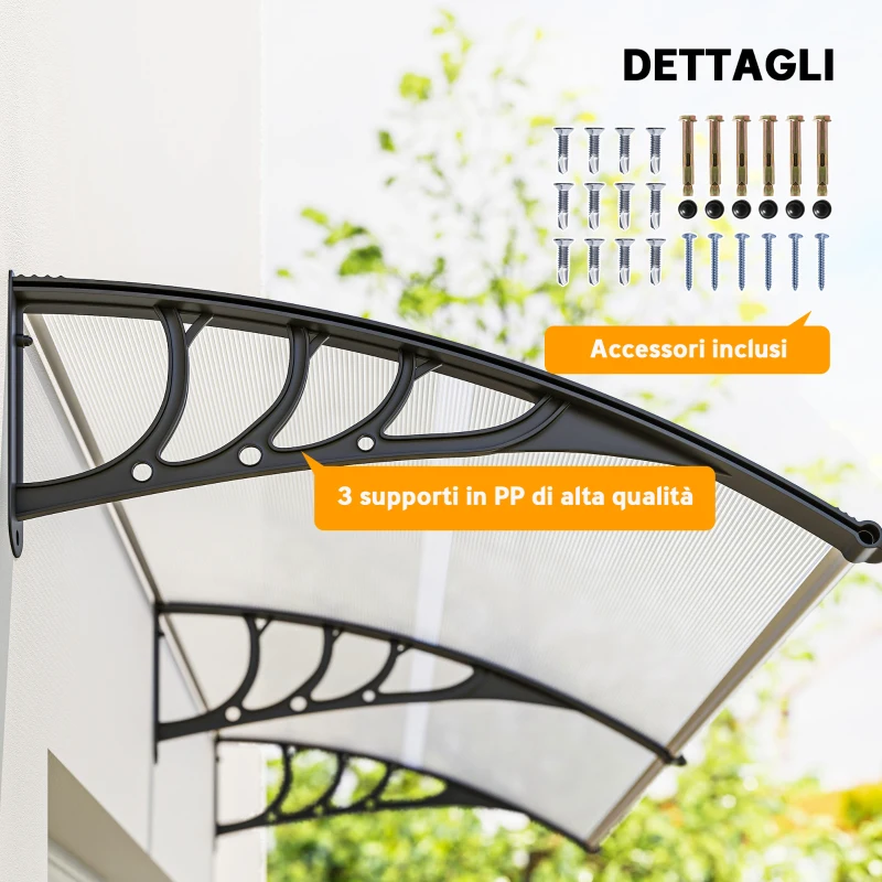 Outsunny Pensilina Tettoia da Esterno 195x75cm, Tettoia per Esterno Staffe in Policarbonato e Barre in Alluminio, per Balcone Finestre e Porte, Trasparente