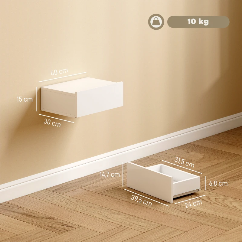 HOMCOM Conjunto de 2 Mesas de Cabeceira com 1 Gaveta Desenho Montado na Parede Estilo Moderno para Dormitório 40x30x15 cm Branco
