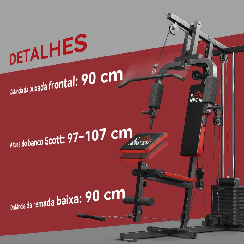 HOMCOM Máquina de Musculação com Pesos Ajustáveis de 65 kg, Prensa de Peito e Pernas, Roldana, 135x103x210 cm, Preto