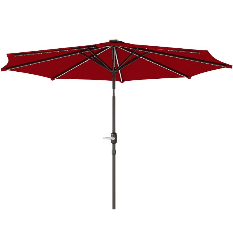 Outsunny Chapéu de Sol para Jardim Ø292x252 cm com Inclinação Ajustável até 45° Luzes LED Solares e Manivela Vinho