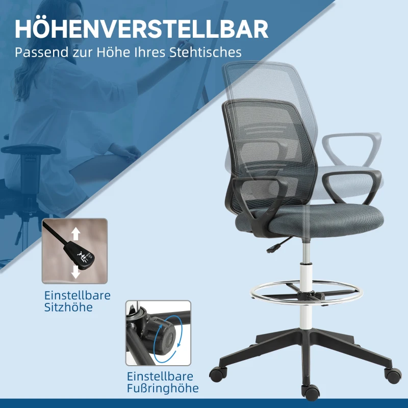 Vinsetto Ergonomische Bureaustoel met Armleuningen en Verstelbare Voetensteun, Mesh Bekleding Grijs