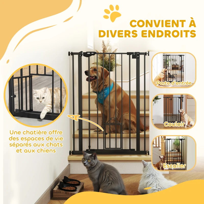 PawHut Barrière de sécurité animaux de 104H cm conception haute avec porte chat fermeture automatique système de double verrouillage sans percage de 74 à 80 cm acier noir