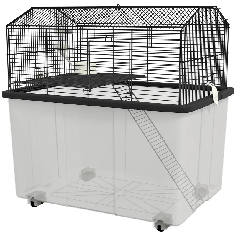 PawHut Gaiola para Hamsters Casa para Pequenos Roedores com Comedouro Bebedouro Rampa e Roda 57x43x57 cm Preto