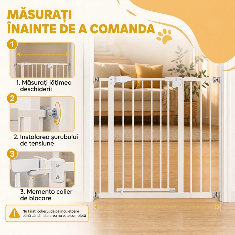 PawHut Poartă Extensibilă pentru Câini cu Montare prin Presiune și Închidere Automată, Înălțime 76,2 cm, Albă