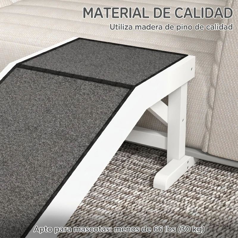 PawHut Rampa para Mascotas de Madera con Alfombra Antideslizante para Perros Pequeños o Mayores 125x40x35,5 cm Blanco y Gris