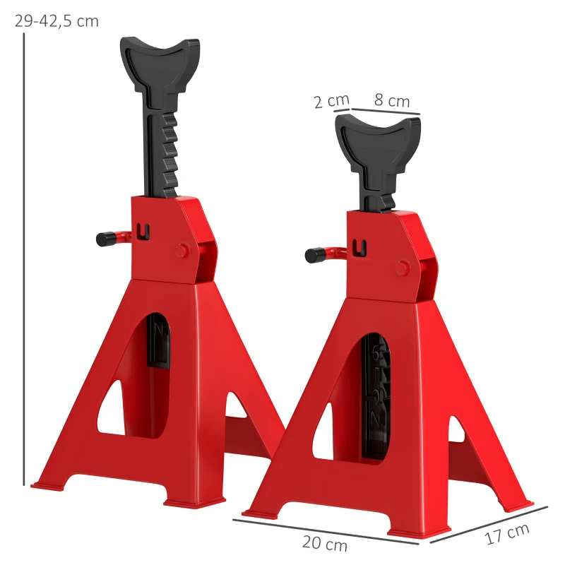 HOMCOM Set 2 Cavalletti Auto da 3 Tonnellate Regolabili da 29-42.5 cm, Acciaio al Carbonio e Ghisa, Rosso